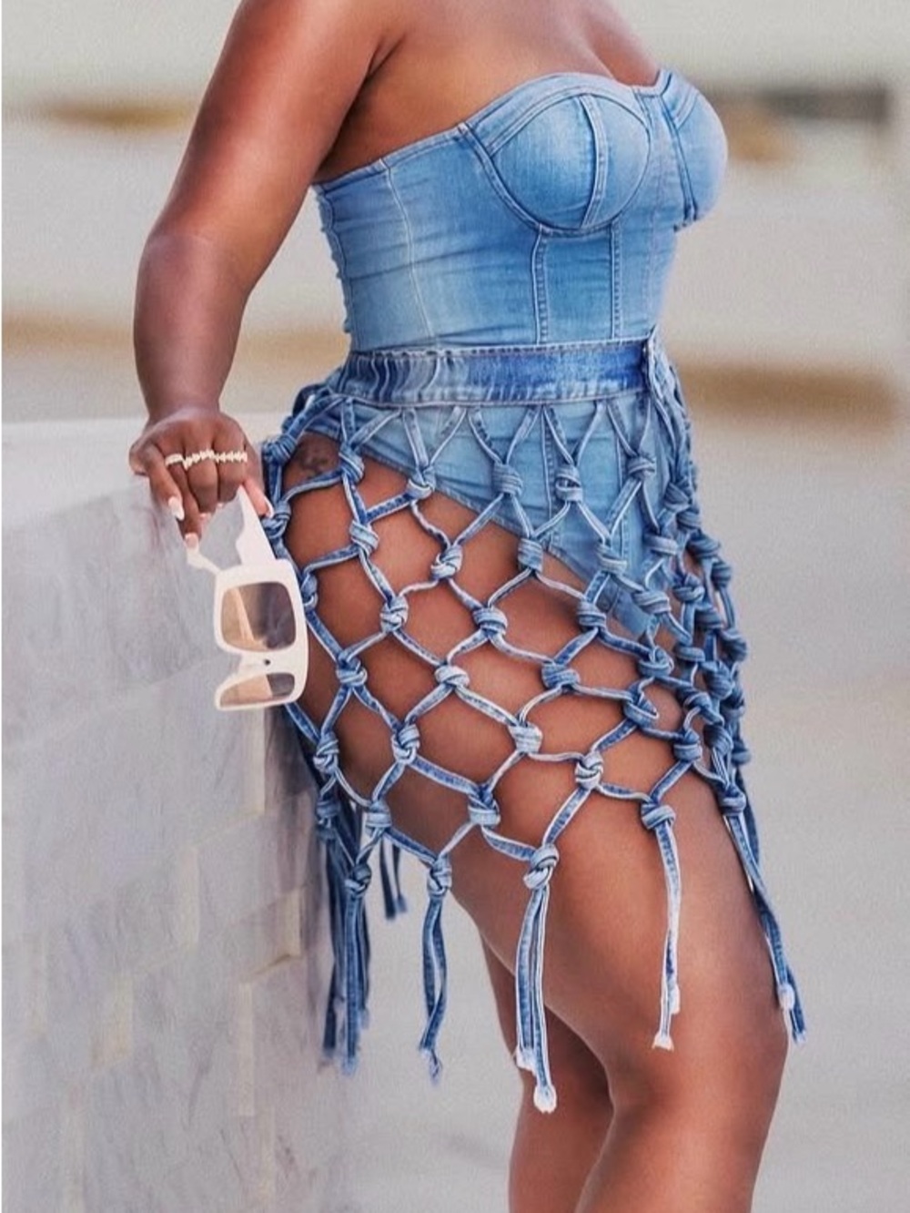 Denim Macramé Fringe Mini Skirt Set - Light Blue